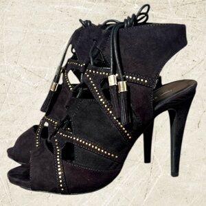 Call It Spring Black Suede Gold Sequin Cut-Out Tasseled Heels! SZ 7! NEW!